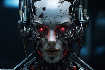 Leinwandbilder - Scary cyborg face that will end the humanity, devil like, with empty copy space Generative AI 