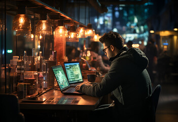 Man programmer and coding at night on laptop