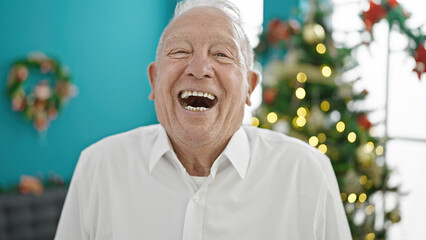 Canvas Print - Senior grey-haired man smiling celebrating christmas at home