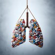 Human lung silhouette filled with pills and capsules medicine , health and pharmacy , prescription for respiratory illness abstract illustration . 