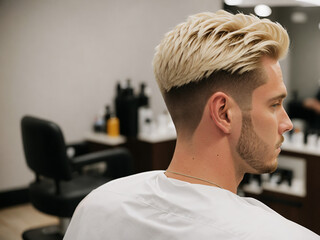 Poster - Blond man with fringe up haircut sitting in a barber shop