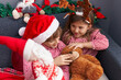 © Krakenimages.com - Brother and sister playing with teddy bear and santa claus doll sitting on sofa by christmas decoration at home
