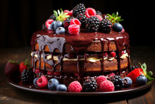 Chocolate Cake With Icing And Fresh Berry On A Wooden Background. Selective Focus.