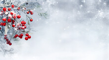 Abstract Christmas Snowy Background With Frosty Bright Red Holly Berries, Light Blue Winter Background With Copy Space.