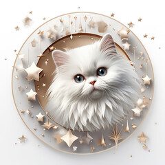 Wall Mural - Cute cat with snowflakes and golden stars on white background. Vector illustration.