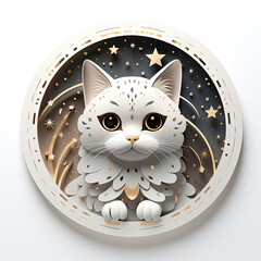 Wall Mural - Cute cat with snowflakes and golden stars on white background. Vector illustration.