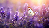 Seasonal spring or summer background with blooming lavender and flying butterflies. Sunny bright day. Magic meadow. Generative AI.