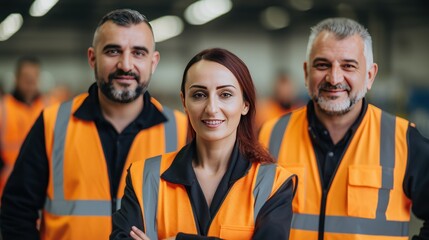 Group of male and female factory workers crossed arms and smiling in industry factory,