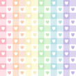 Abstract geometric vector pattern with hearts in rainbow pastel colors, pink, orange, yellow, green, blue, purple. Seamless summer grid pattern for gift paper, mat, fabric, textile.