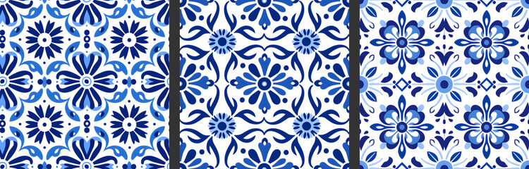 Seamless patterns in azujelo, majolica, zellij, 
damask style. Floor and wall oriental traditional ceramic tile textures.  Portuguese, spanish, turkish, arabic geometric ceramics. Blue Cobalt colors