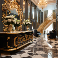 hotel lobby boutique french style check in counter clean, gold furnitune flowers , mirror staircase , suitcase