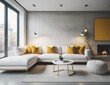 © Marko - White sofa with yellow pillows against concrete wall with fireplace. Scandinavian home interior design of modern living room