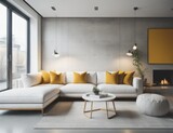 Fototapeta Przestrzenne - White sofa with yellow pillows against concrete wall with fireplace. Scandinavian home interior design of modern living room
