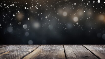 Wall Mural - Winter snowy blurred black background and wooden flooring