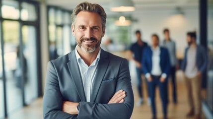 Portrait of Smiling confident business leader looking at camera and standing in an office with blurred background teamwork