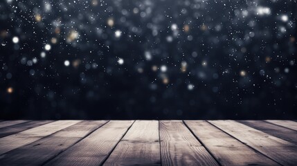 Wall Mural - Winter snowy blurred black background and wooden flooring