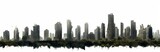 Fototapeta  - post-apocalyptic skyline, ruined skyscrapers, tall overgrown buildings isolated on white background, Generative AI