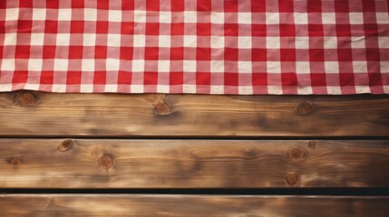 Wall Mural - Top view of picnic tablecloth on old wooden table with copy space