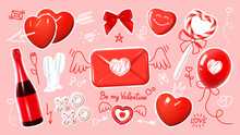 Set Of Collage Elements For Valentine's Day. Cut Out Stickers For Decoration Valentine's Day Posters, Banners, Social Media. Vector Illustration With 3d Realistic Elements And Hand Drawn Doodles.