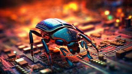 Close up view to computer bug perched on microchip symbolizing threat of software bugs and elusive nature of zero day vulnerabilities in software security, critical bug in computer software program