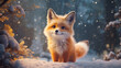 Red cute fox cub on the background of a snowy fairy tale winter forest with bokeh light and copy space. Cartoon illustration 3d. Christmas greeting card.