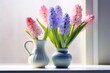 Spring hyacinths in a vase on a light background. Generative AI