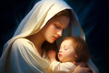 Holy Mary holding baby Jesus Christ in her arms. Graphic representation. Generative AI