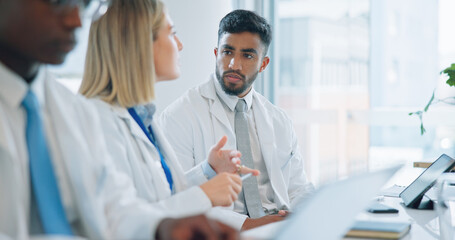 Poster - Doctors, teamwork and meeting in group planning, management and hospital strategy or healthcare solution. Professional medical team, mentor or people listening to ideas for clinic workflow or service