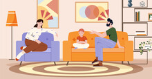 Parents Conflict In Family Concept. Father And Mother Scream At Each Other Near Their Son. Bad Relationship In Couple. Quarrel And Scandal. Sad Boy Near Parents. Cartoon Flat Vector Illustration
