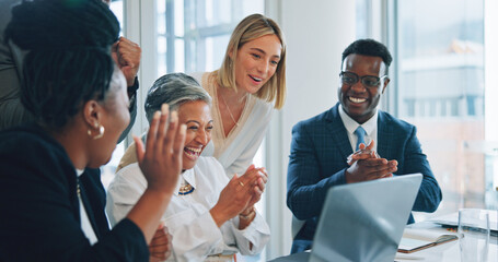 Wall Mural - laptop, celebration applause and business people reading project info, sales income or online achiev