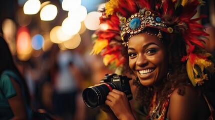 Wall Mural - A woman participating in a GTBQ parade, dressed in a vibrant and colorful outfit. She exudes confidence and joy, waving a rainbow flag with a big smile. 