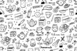 Seamless pattern of hand drawn tea theme elements in doodle style. I love tea, tea time. Cute vector illustration EPS10. Isolated on white background