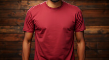Mockup Of A Plain Dark Red Cotton T-shirt. T-shirt For Design Print. Basic Collarless T-shirt Template. Man With A Plain T-shirt To Place Logos, Brands Or Drawings. Front Of Shirt. Copy Space.