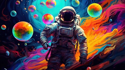 beautiful painting of an astronaut in in a colorful bubbles galaxy on a different planet. pop art co