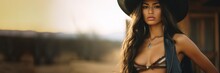 A Sexy Beautiful Badass Latina Cowgirl Wearing Lingerwear - Amazing Cowgirl Background - Clothes Are In The Raw, Tough And Grunge Style - Latina Cowgirl Wallpaper Created With Generative AI Technology