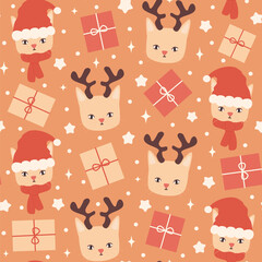 Wall Mural - Cute hand drawn winter holidays seamless vector pattern background illustration with cat with santa claus hat and reindeer antlers and other christmas elements