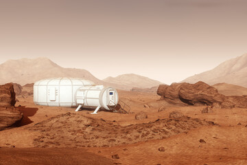Wall Mural - Colonization of Mars, Martian surface and human base, building a colony on Mars. Conquering new horizons in space, thermoforming of Mars. 3D image, 3D illustration