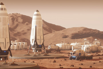 Wall Mural - Colonization of Mars, Martian surface and human base, building a colony on Mars. Conquering new horizons in space, thermoforming of Mars. 3D image, 3D illustration