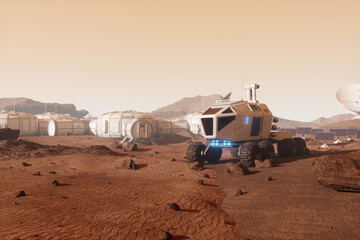 Wall Mural - Rover all-terrain vehicle on the surface of Mars. Colonization of Mars, Martian surface and base, building a colony on Mars. thermoforming of Mars. 3D image, 3D illustration