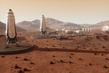 Wall Mural - space rocket on the surface of mars. colonization of mars, martian surface and base, building a colo