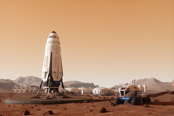 Wall Mural - space rocket on the surface of mars. colonization of mars, martian surface and base, building a colo