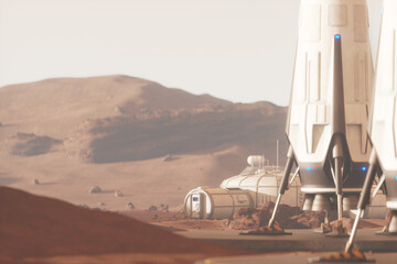 Wall Mural - space rocket on the surface of mars. colonization of mars, martian surface and base, building a colo