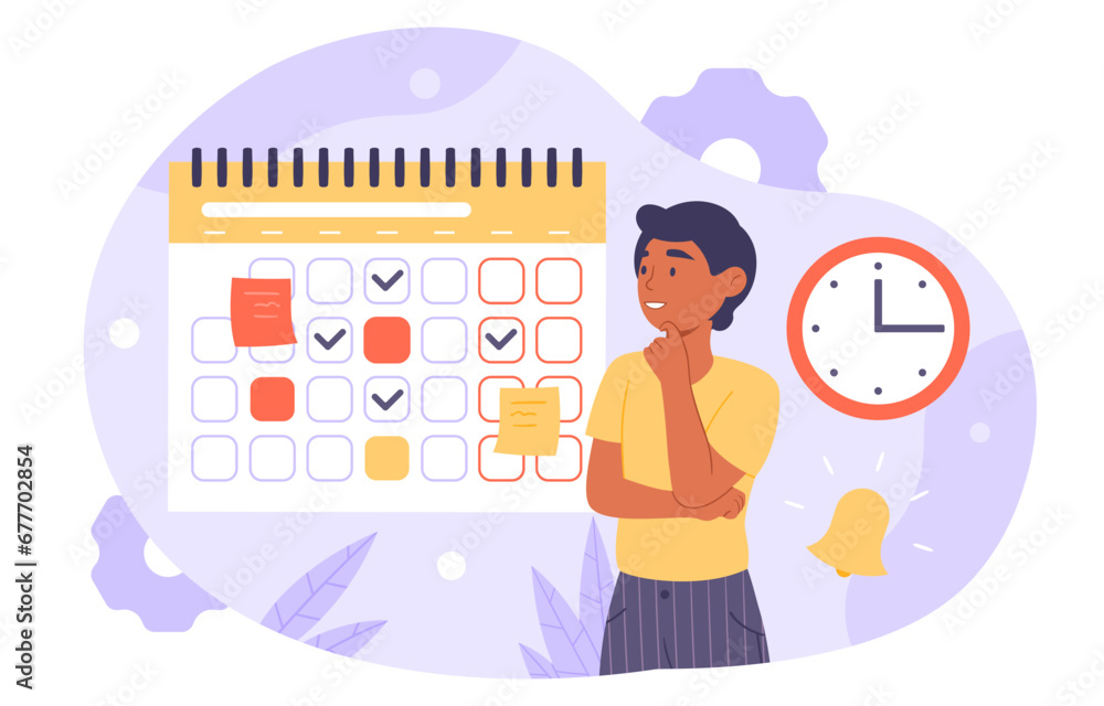 Stock-Vektorgrafik „Boy with time management concept. Young guy look at ...