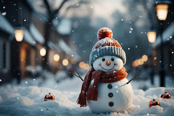 Poster - Generative AI creative picture illustration small child playing snow making snowman in yard have fun