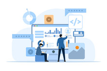 Concept Of Interface Elements And Browser Window On Laptop Screen, Web Design, UI UX, Software Development, Web Design, App Design, Coding, Web Development Flat Illustration For Landing Page.