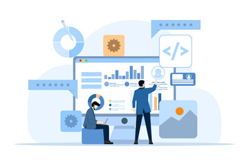 Concept of interface elements and browser window on laptop screen, web design, UI UX, software development, web design, app design, coding, web development flat illustration for landing page.