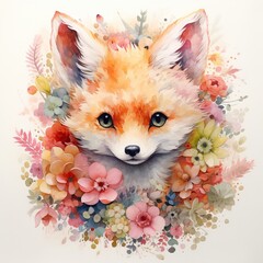 Wall Mural - red fox with a flower