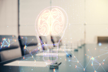 Wall Mural - abstract virtual creative light bulb with human brain hologram on a modern boardroom background, art