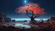  a red tree sitting on top of a rocky hillside next to a body of water under a moon lit sky with a bright red tree in the middle of the foreground.  generative ai
