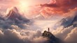  a painting of a person standing on top of a mountain in the middle of a cloudy sky with a mountain range in the background and a pink sky filled with clouds.  generative ai